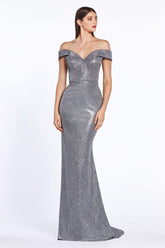 Long Formal Off Shoulder Metallic Prom Dress